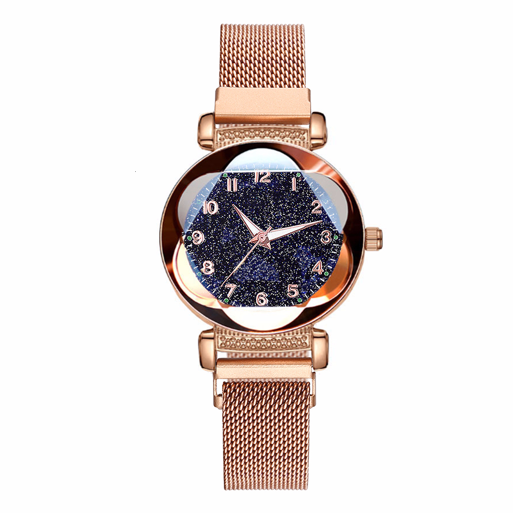 Women Bracelet Watch Set Magnet Buckle Starry Sky Luminous Arabic Numbers Watches Zegarek Damski Reloj Mujer: rose gold