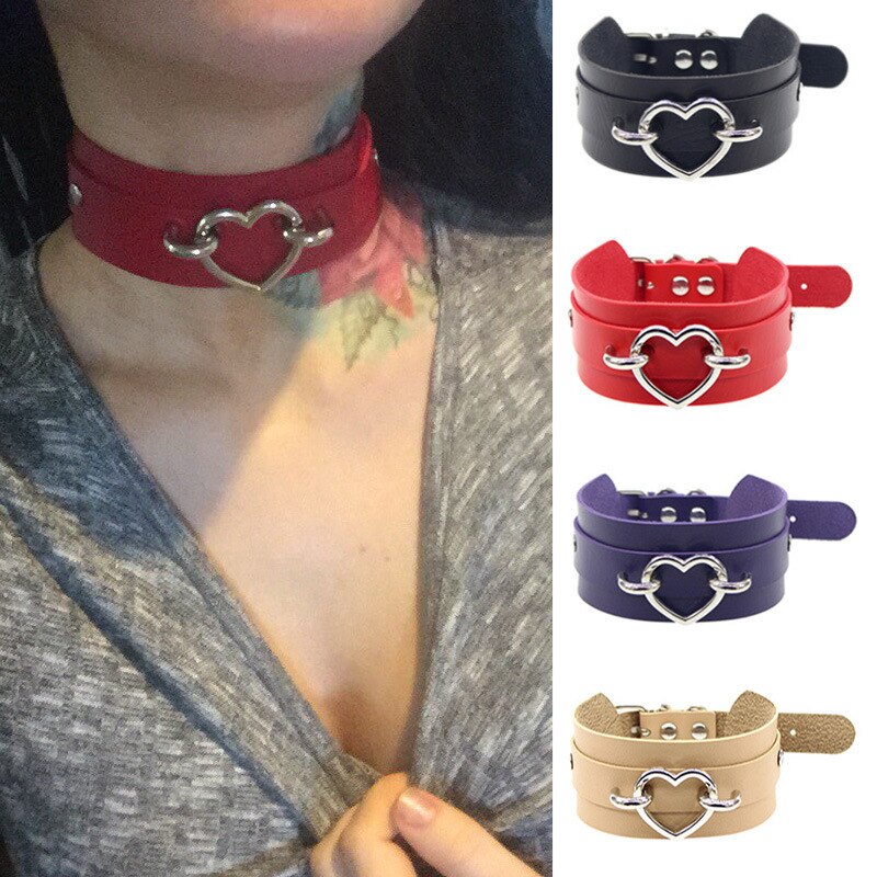 Faux leather heart choker ketting met een verstelbare gesp stud black goth kraag voor vrouwen chocker Gothic sieraden