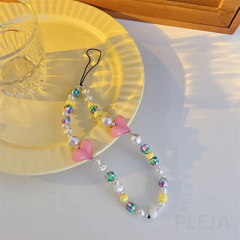 Mode Liefde Hart Mobiele Telefoon Riemen Voor Iphone 11 12 13 Pro Max Armband Hanger Leuke Sleutelhanger Ornament Parel Hand touw Ketting: DS346-7