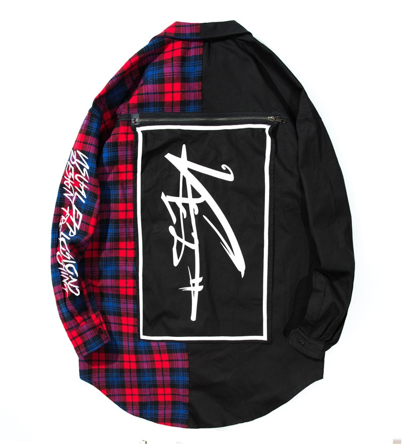 Mens Hip hop Color Block Patchwork Oversized Plaid Shirts letter printed Long section Curved hem Casual Long sleeves Shirts