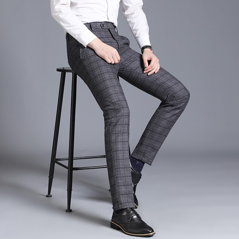 Business casual kostymbyxor för män randiga rutiga byxor maringrå byxor herr storlek 29-38