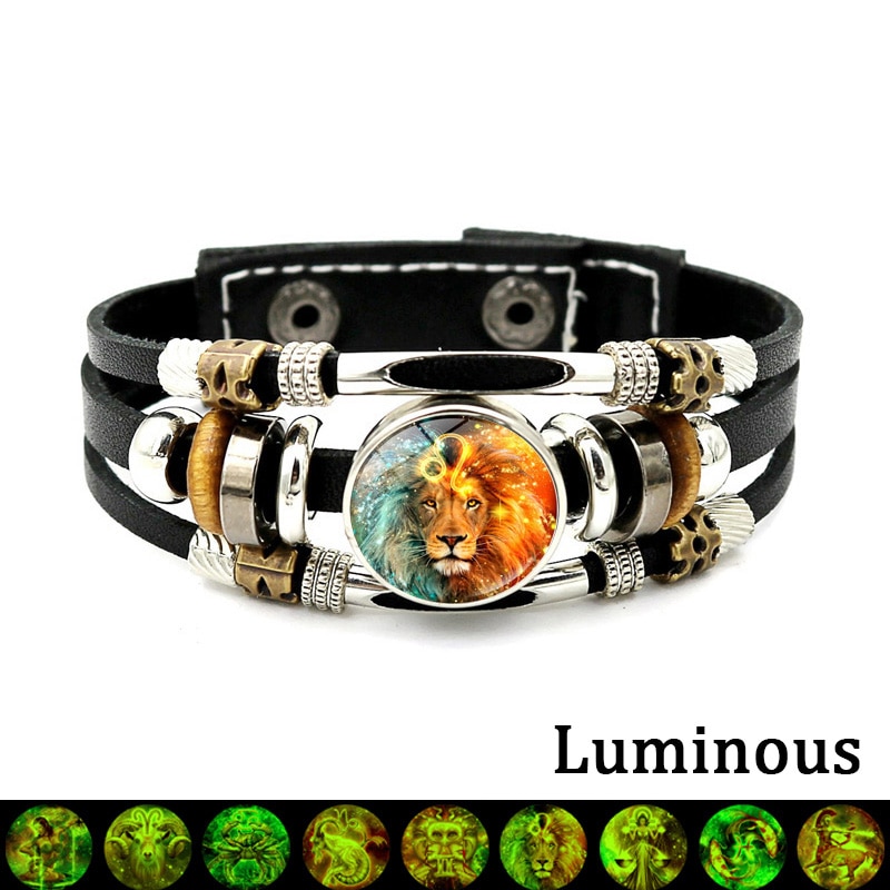 12 Constellation Lichtgevende Armband Zodiac Signs Sieraden Ram Gemini Virgo Button Multilayer Geweven Armbanden Voor Koppels