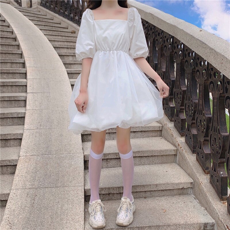 Lolita super fairy sweet sen är tunn fransk tutu klänning puff ärm fyrkant krage vit fairy klänning sommar