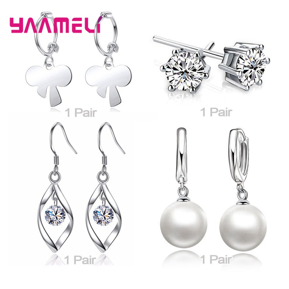 Trendy Vrouwen Oorbellen Echt 925 Sterling Zilver Natuurlijke Kristal Parel Party Accessoires 4 Paar Gemengde Sieraden