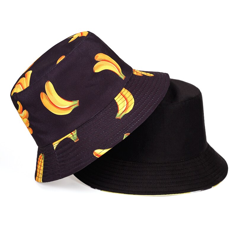 Neutrale fruit bedrukte vissershoed heren outdoor reis zonnehoeden dubbelzijdig draagbare zomerhoed panama emmerhoed: Zwarte banaan