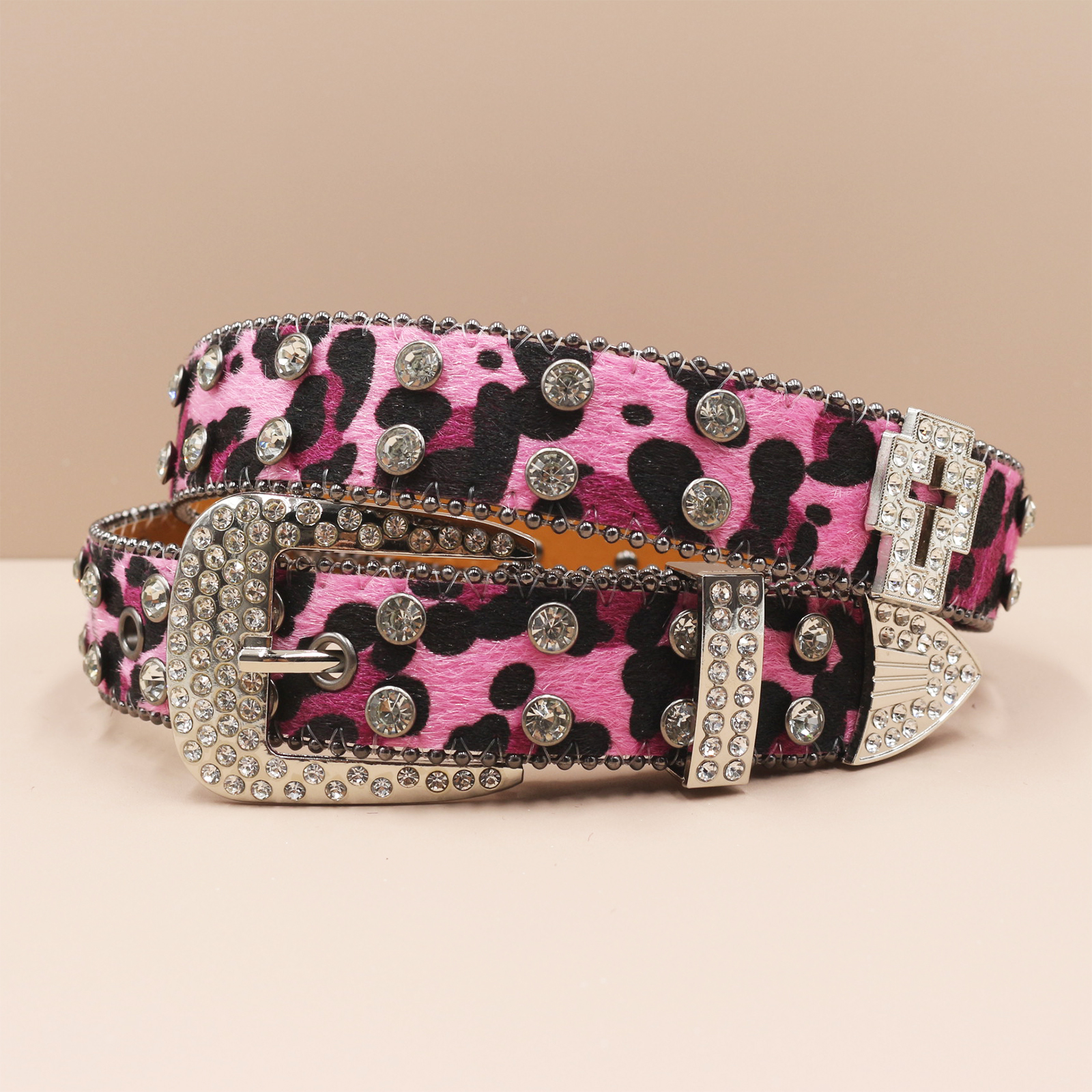 Cinturones con estampado de leopardo de 3,3 cm, cinturón vaquero con diamantes de imitación para mujer, cinturón vaquero occidental con de tachuelas brillantes, cinturones de cuero estilo Punk Rock Y2K
