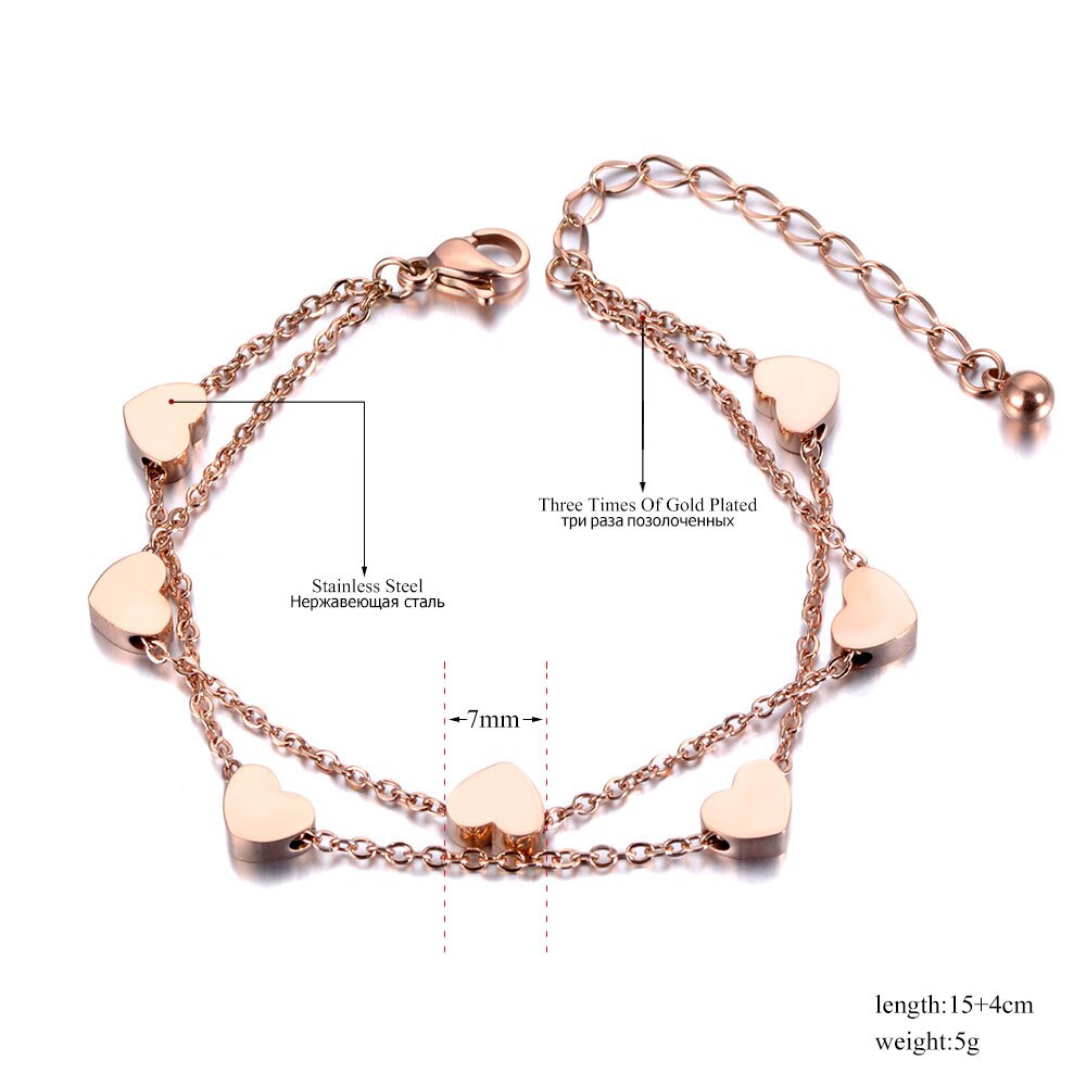 Heart Charm Double Layers Bracelet Bangle For Women Stainless Steel Link Chain Bohemia Summer Beach Jewelry B19018