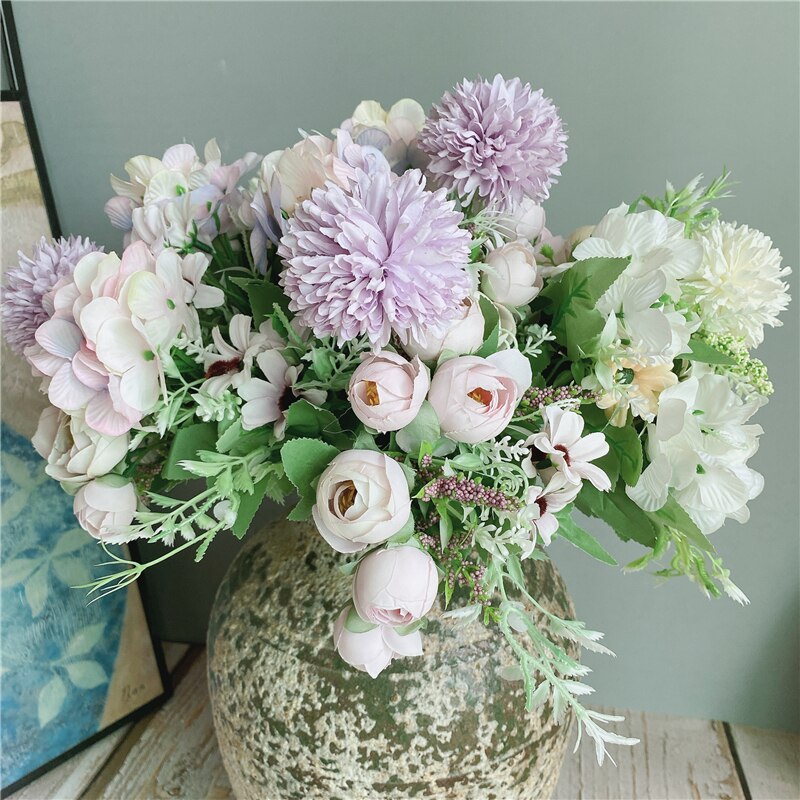 Dahlia buket med grønne blade og roser silke kunstige blomster til hjemmet bryllupsfest dekoration flores artificiais