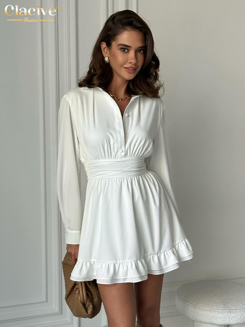 Clacive Loose White Women's Dress Lapel Long Sleeve Mini Dresses Casual High Waist Pleated Female Dress