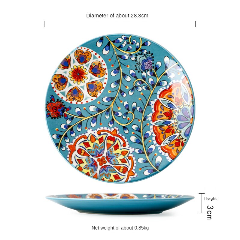 1pcs Ceramic Tableware Bohemian Style Round Flowers Bone China 6/8/10 Inch Plate Bowl Dish Household Kitchen Supplies Dinnerware: 1pcs 11 inch plate