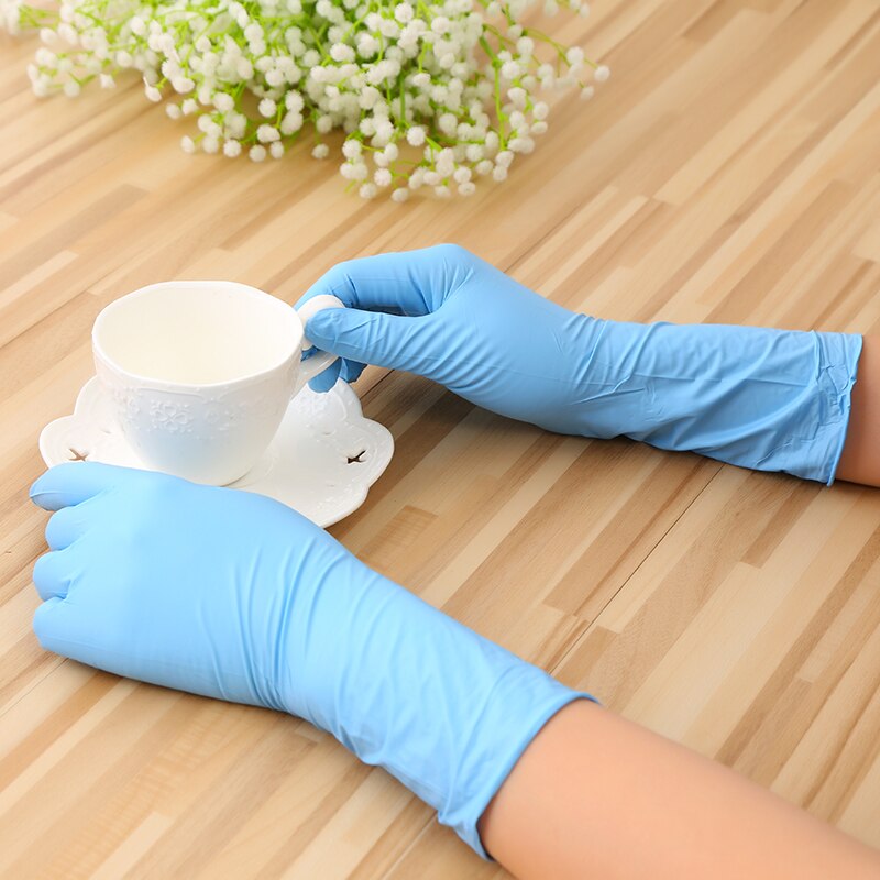 Long Sleeve Blue Disposable Rubber Gloves Household Cleaning Catering Food 12inch Nitrile Gloves Thick and Durable Gloves