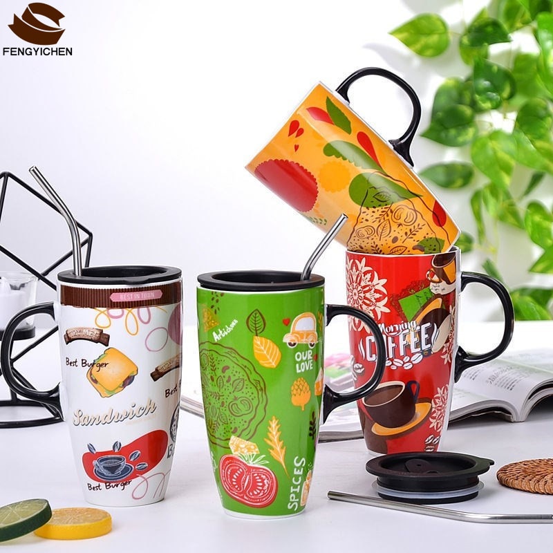 Fall Cute Cartoon Ceramic Coffee Milk Mug Mugs Breakfast Cereal Juice Red Tea Cup Student Friend Office Straw Cups