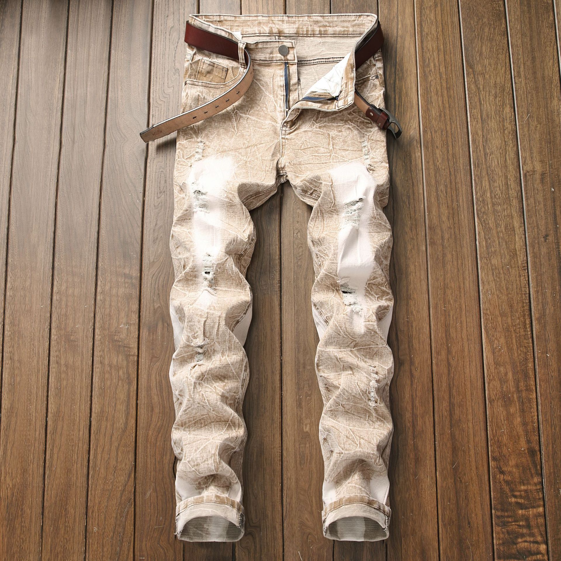 jean kaki homme déchiré délavé coupe étroite Stretch Denim pantalon