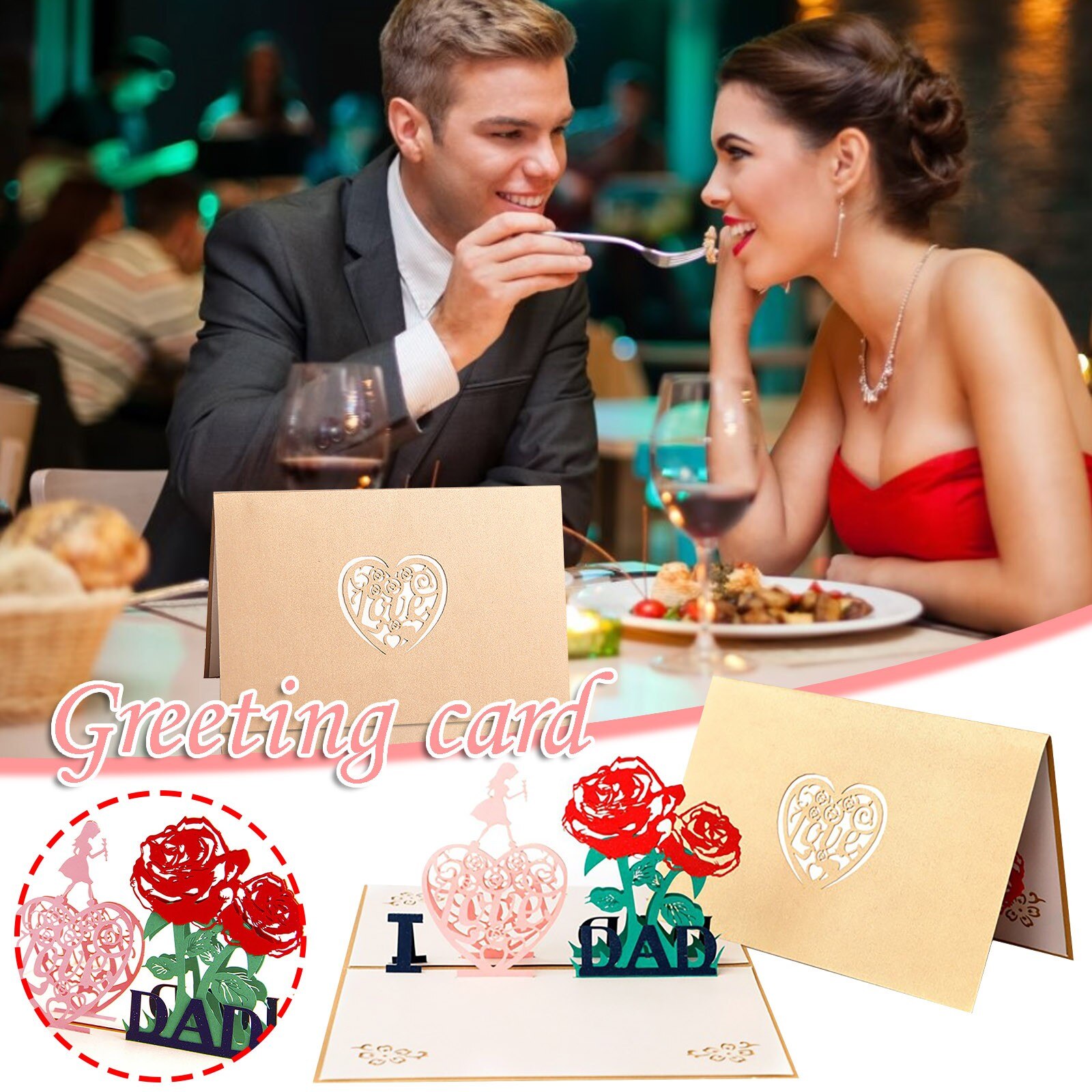 3D Pop UP Happy Father's Day Greeting Cards Love Dad Grateful Parent Rose Flower Card Easter Postcards Dia del padre