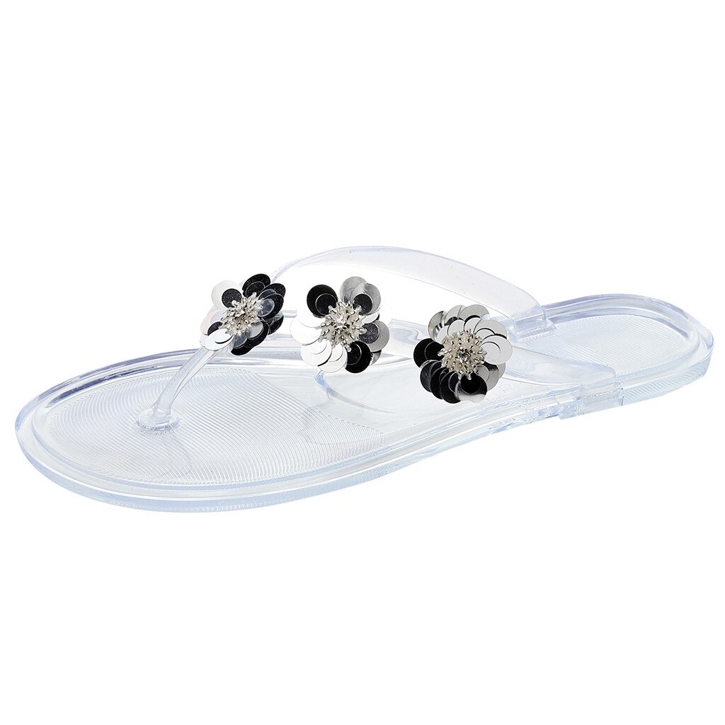 Beach slippers ladies casual summer flat large flip-flops flower sequins lightweight non-slip breathable ladies Open Toe sandals: White / 37