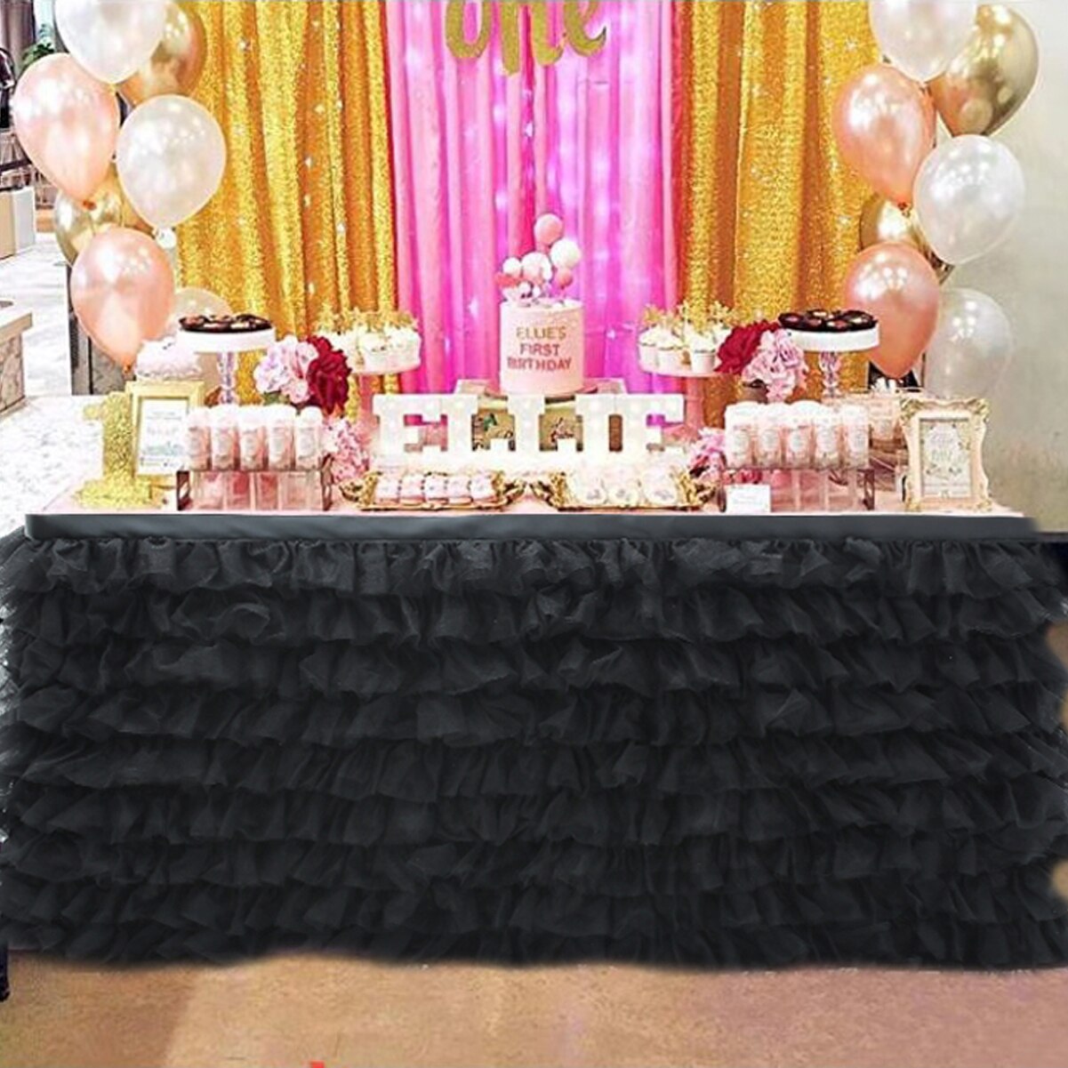 Falda de mesa de tul para decoración de boda, falda de 180x77cm para de cumpleaños, banquete, boda: Negro