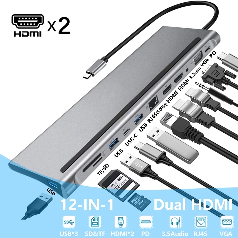 12 in1 USB-C Hub typ c zu Dual HD 4KVGA 3,5 Audio- USB 3,0 Dual PD RJ45 SD/TFcard Leser Adapter für MacBook und Typ C Computer: 12 in 1