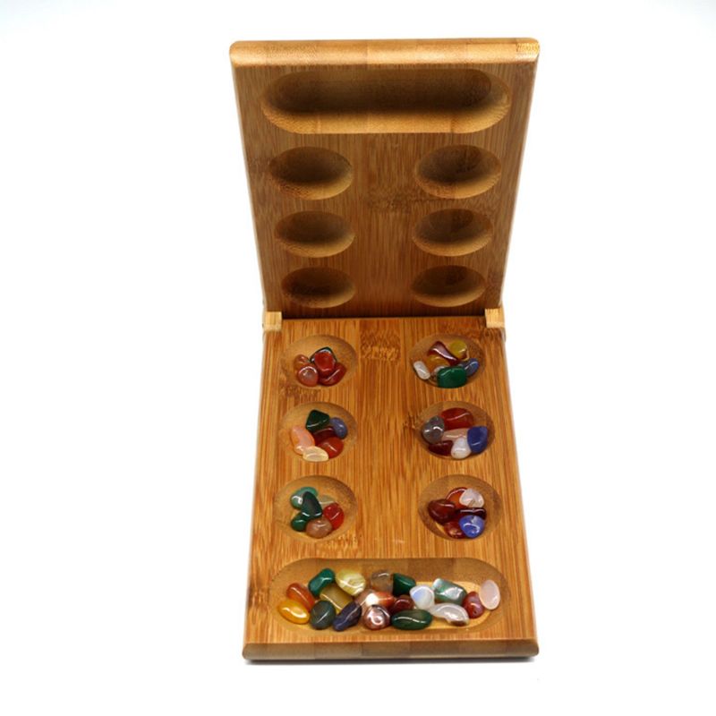 Classics Folding Bamboo Mancala Board Game Strategy Games with 72pcs Glass Bead