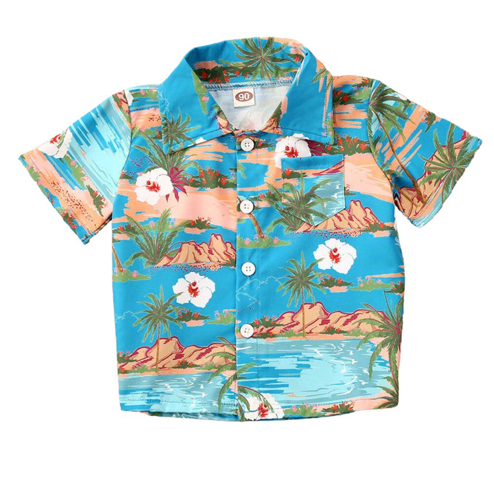 Style hawaïen enfants garçon plage chemises été impression chemise décontracté bouton manches courtes chemises vêtements de plage: Bleu / 4T