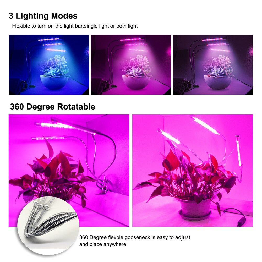 Dual 3 head led grow lamp 5w 10w 54w desk clip led plant grow light med 360 fleksible svanehals til indendørs hjemmekontor plante