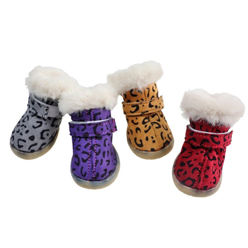 4 Stuks Leopard Gedrukt Hond Booties Zachte Gevlokt Pet Sneeuw Boot Winter Antislip Warm Kleine Hond Schoenen Voor teddy Bichon