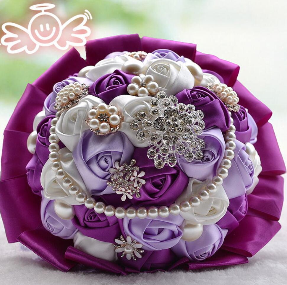 AYiCuthia Stunning Crystal Flower And Pearls Wedding Flowers Pink Bridesmaid Bridal Bouquets Artificial Rose Wedding Bouquet S59: purple