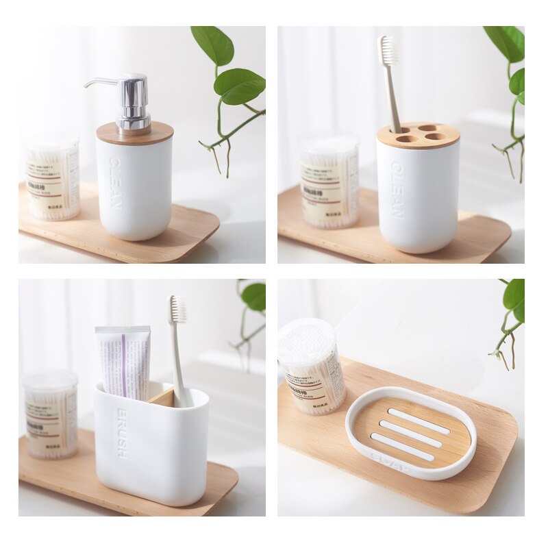 Lot de 5 brosses de toilette en bambou, ensemble de salle de bains, porte-brosse à dents, tasse porte-savon, conteneur distributeur d'émulsion, accessoires de salle de bains