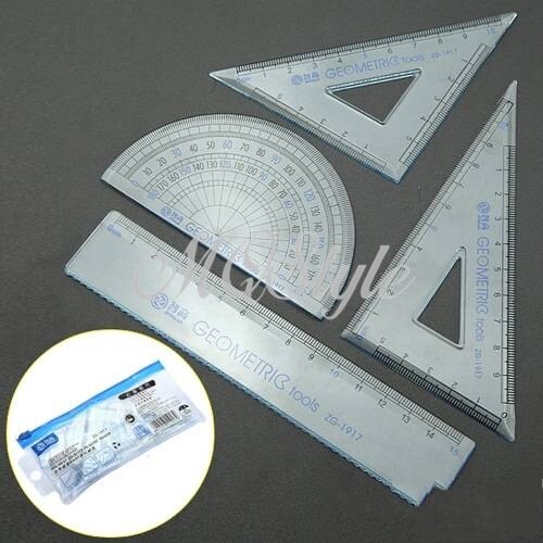 Direct Selling Rushed Driehoekige Liniaal Papelaria Spirograph 4 Pcs School Wiskunde Set Plastic Gradenboog Vierkante Heerser K4499