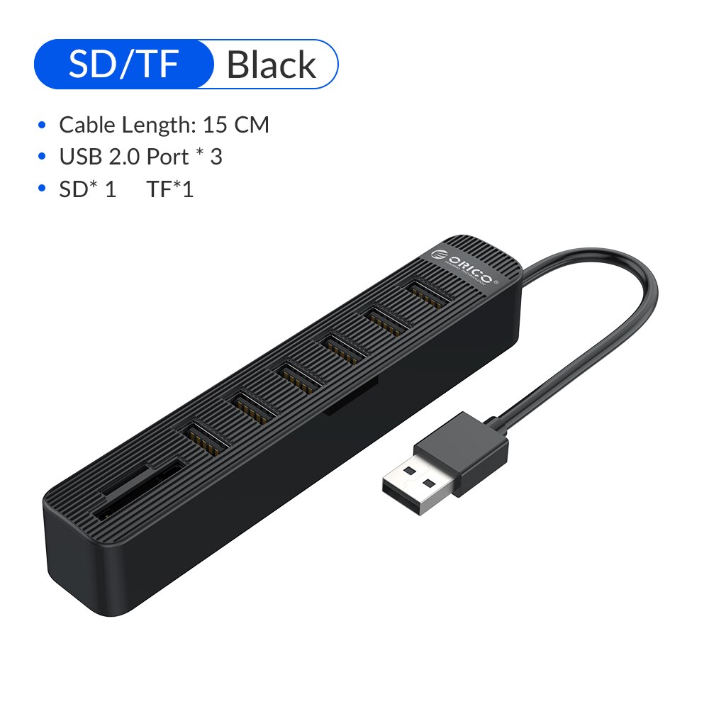 ORICO USB 3.0 Hub 3/6 Port Expander Adapter TF SD Card Reader All In One For PC Computer Accessories: USB2.0 6port BK 15CM