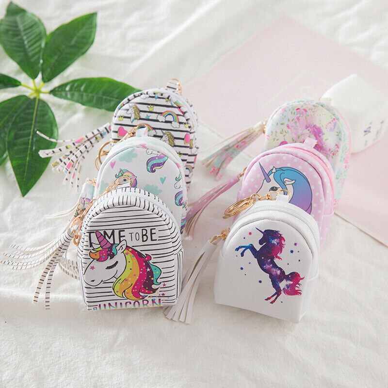 Mini billetera pequeña de cuero para mujer y niña, Tarjetero con cremallera, monedero, bolso con imágenes de unicornios, bolsa de llaves, de Año de Navidad para niños