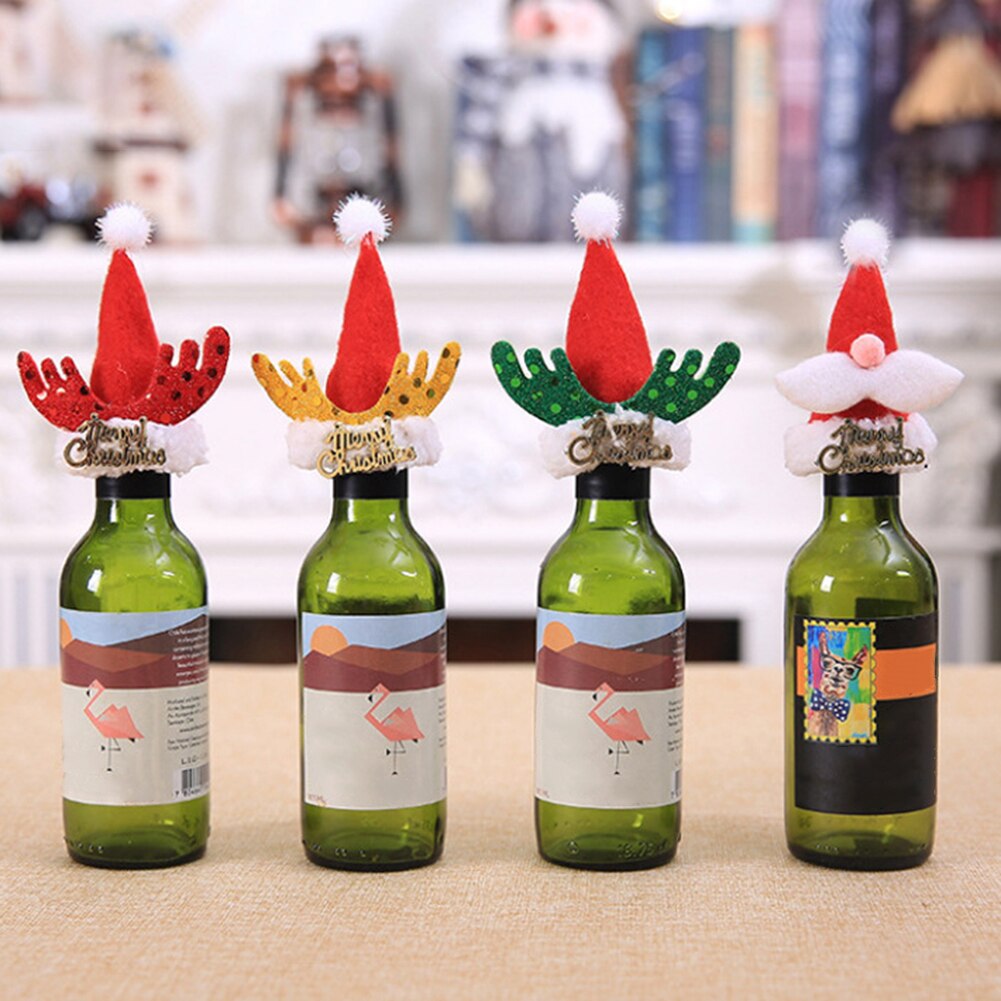 5Pcs Xmas Herten Hoorn Wijnfles Cover Wees Hoed Cap Party Decoratie Wijnfles Hoed Kerst Decoratie Xmas fles