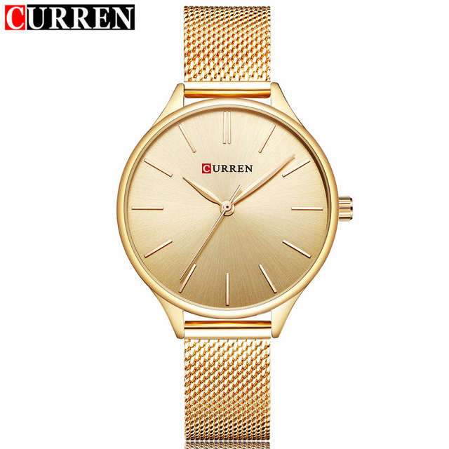 Curren Horloges Vrouwen Top Luxe Zilver Quartz Horloge Roestvrij Stalen Armband Horloges Dames Klok Relojes Mujer: gold gold