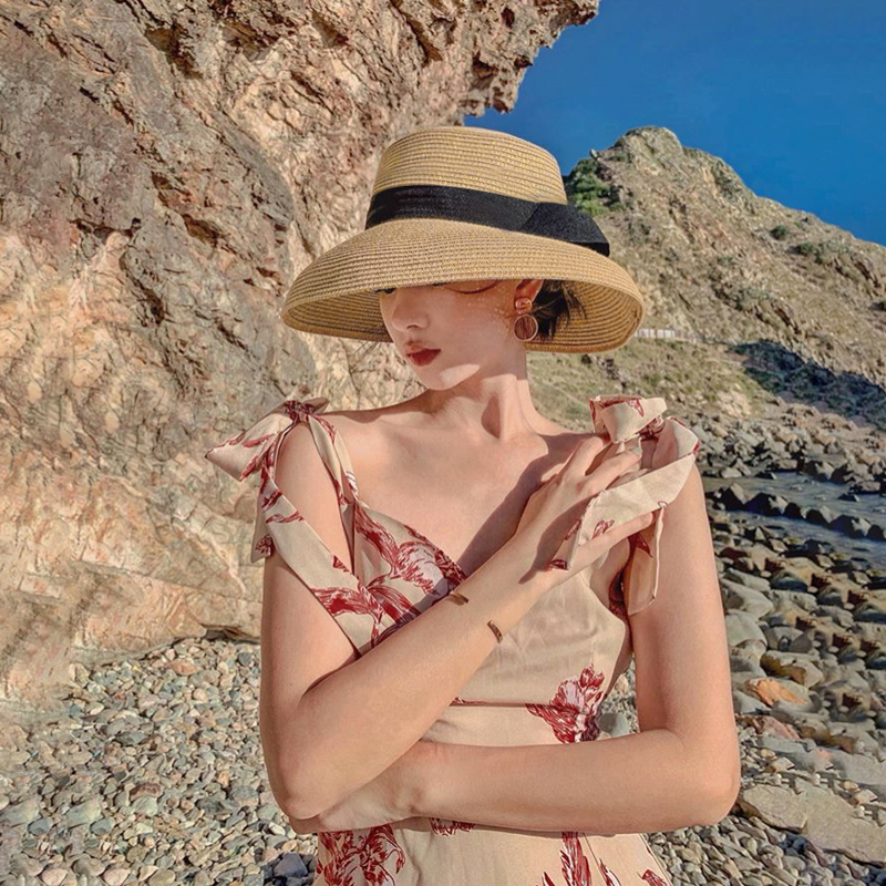 Hepburn-Sombrero de sol con lazo para mujer, sombrero de paja, sombrero de cubo, protector solar de color, sombrero de playa,