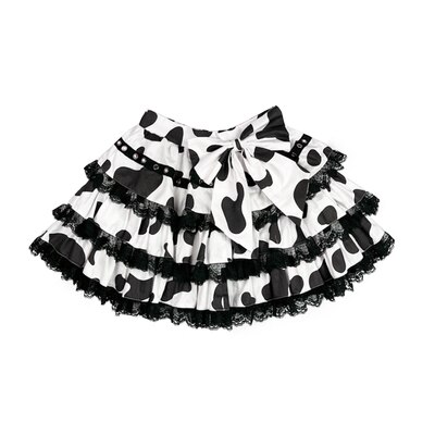 Japanese Harajuku Preppy Style Cow Pattern Girls Bow Lace Cake Skirts High Waist Sweet Mini Kawaii Cool Girl Skirts: Black / M
