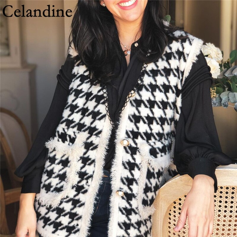 Celandine hiver noir pied-de-poule Long pull gilet femmes sans manches veste dames décontracté manteau col en V Cardigan femme