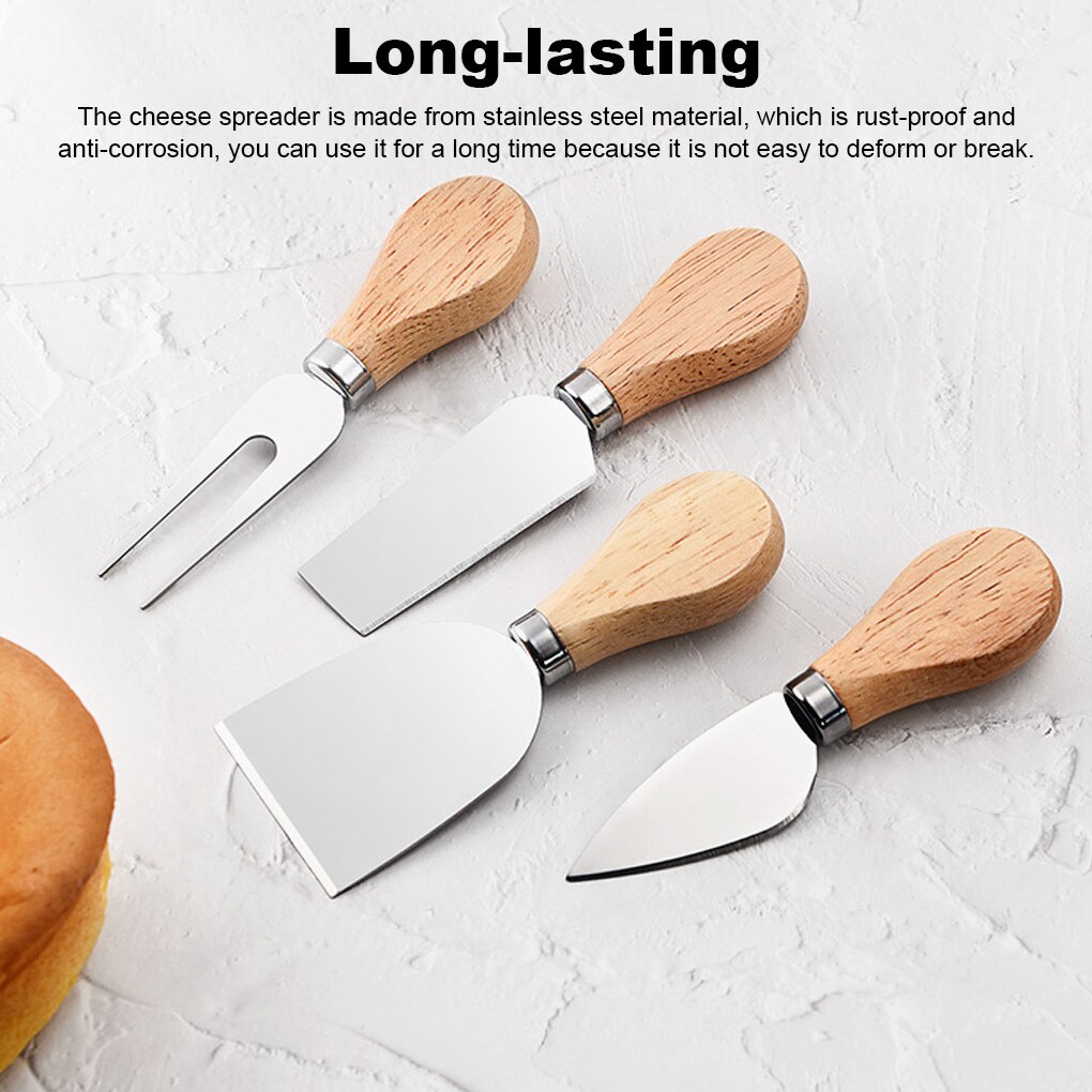4 Steel Stainless Cheese Slicer Cutter Cheese Knives Set Cheese CutleryWood Handle Mini Knife Butter Knife Spatula &amp; Fork
