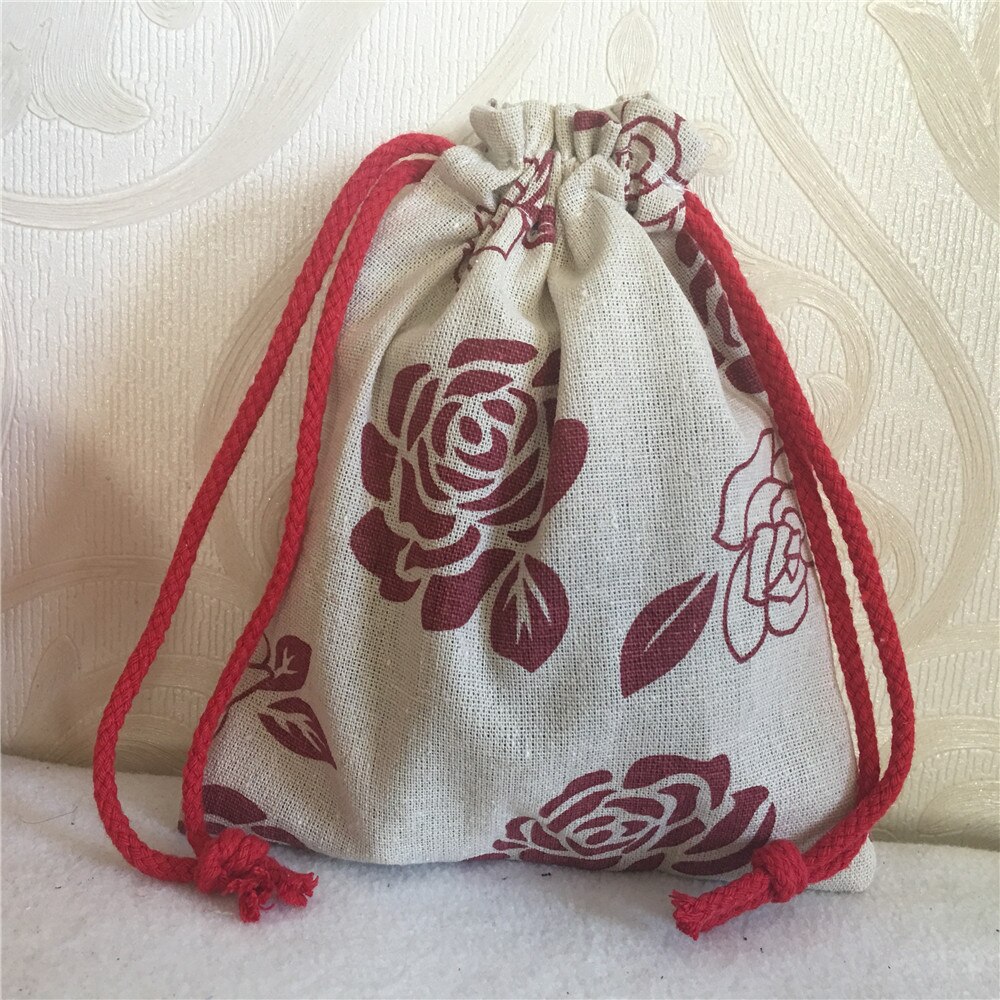 YILE Cotton Linen Drawstring Multi-purpose Pouch Party Bag Red Rose Flower Red String 8201c