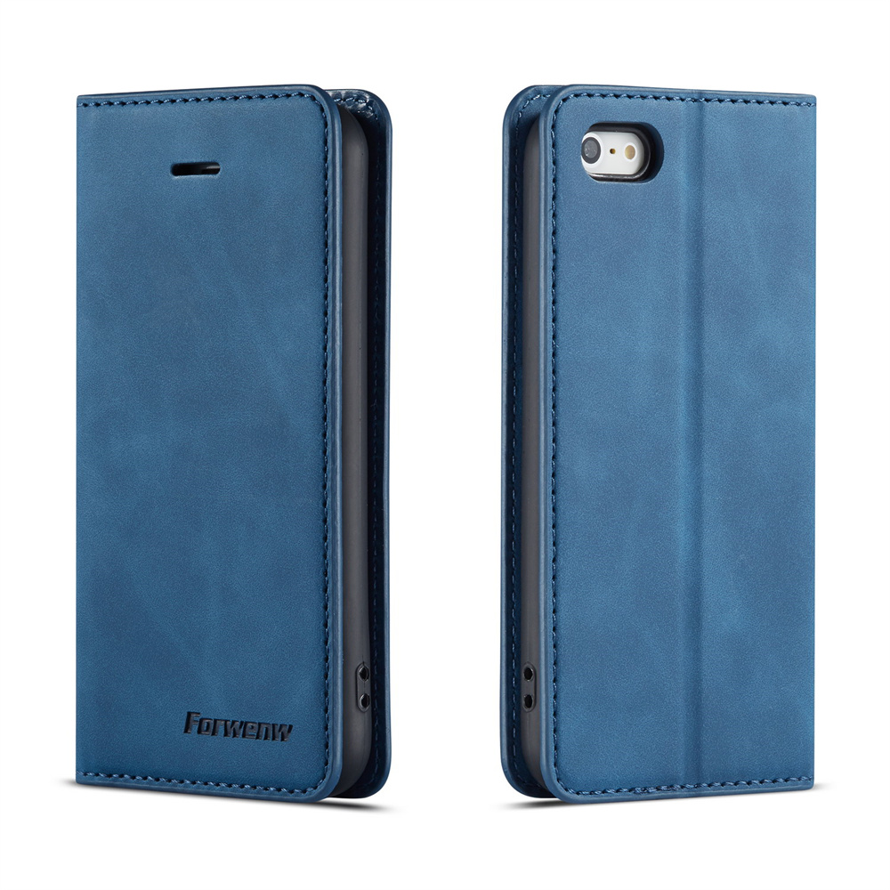 Forwenw magnetische flipcase voor iphone 5 5s se, volledige bescherming, tpu-basis, suède leer, slanke portemonneecase, kaarthouder, telefoontas: Canvas / Bruin