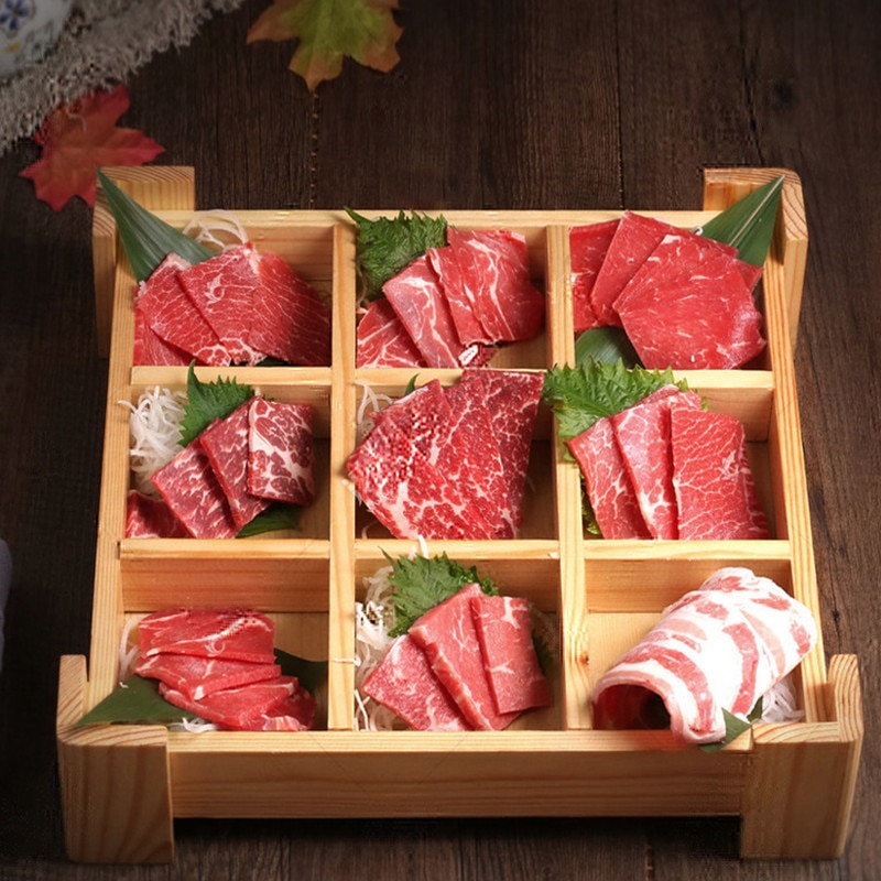 Plato de cocina de madera estilo japonés Sashimi, caja de madera, rejilla múltiple, sushi, postre, plato de comedor japonés y coreano
