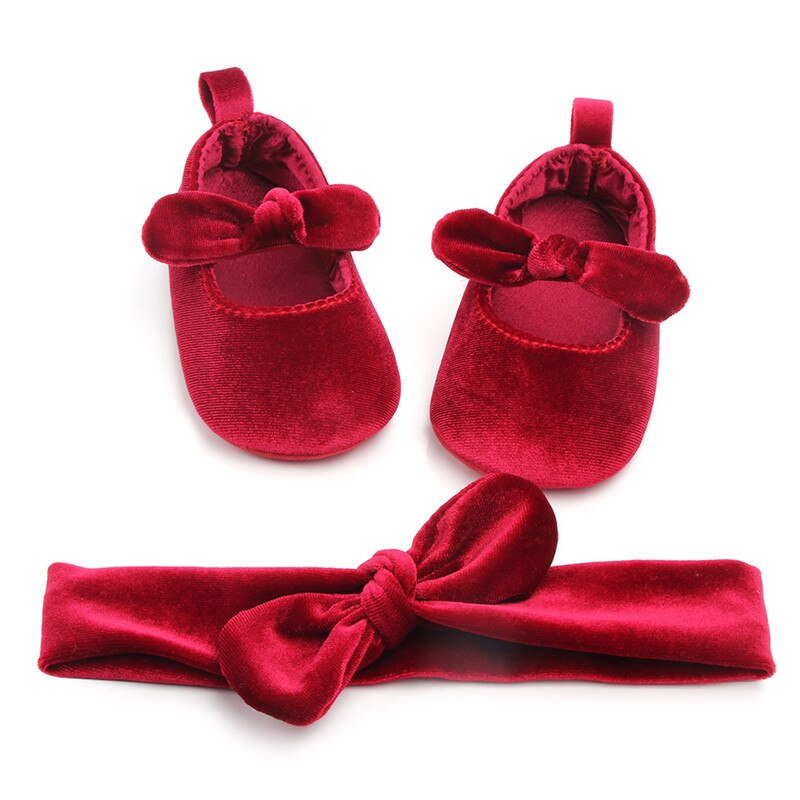 Nyfødt baby pige blødt guld fløjl sko med hårbånd spædbarn bowknot første walkers efterår forår rød 0-18m: Rød / 13-18 måneder