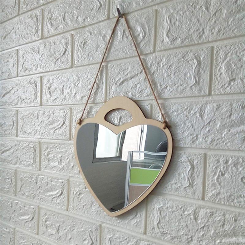 1pc Wall Mirror Wooden Frame Acrylic Heart-shaped Hanging Mirror for Bedroom Bathroom Living Room