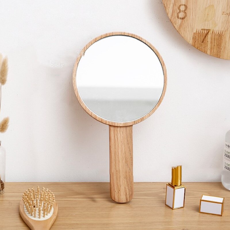 HD handle vanity mirror solid wood portable vanity mirror handheld hand mirror beauty salon retro wooden portable mirror