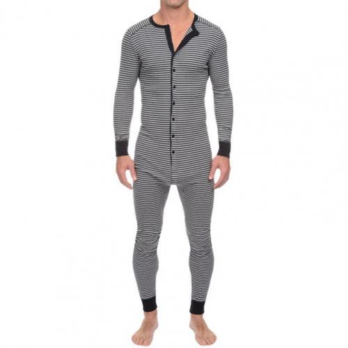 Combinaison à rayures pour hommes, combinaison à manches longues, col rond, boutons, vêtements de nuit: Grey / L