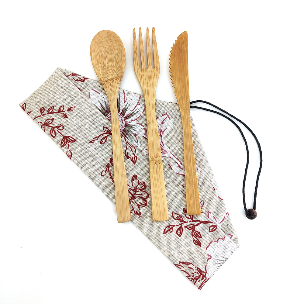 Eco Friendly Bamboo Cutlery Set of Wooden Utensils with Reusable Bamboo Spoon, Fork, Knife,and Reusable Straw Cleaner For Travel: 1250-3G-1