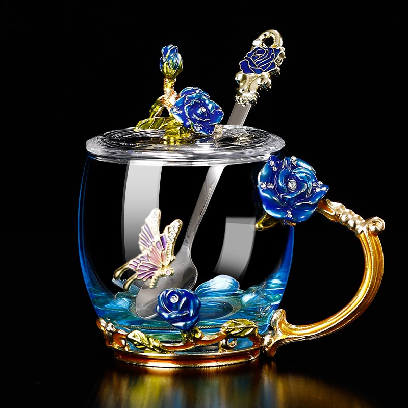 Glass Coffee Mug Tea Cup Enamel Crystal Flower High-grade Handgrip for Lover Wedding R2078