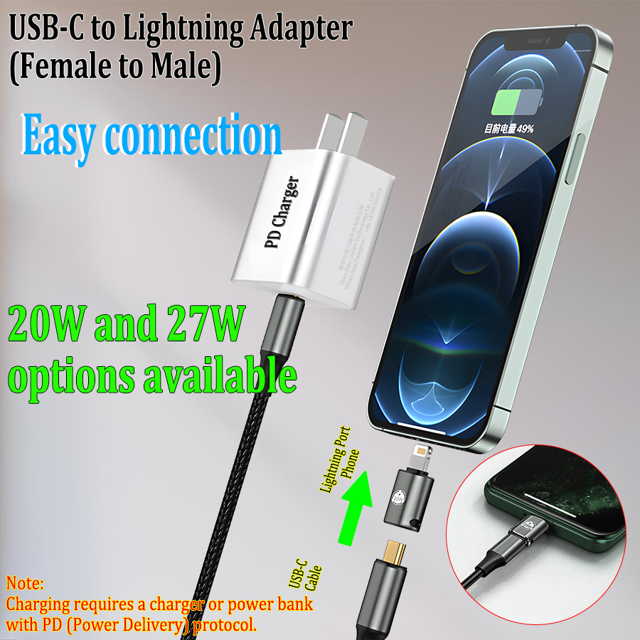 USB Type-C PD 20/27W charging data connector for iPhone, iPad, iPod, USB-C to Lightning adapter, female to male, multiple styles