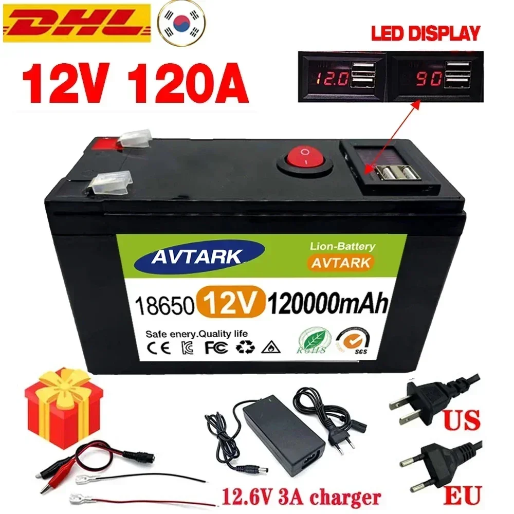 Upgraded LiFePO4 Lithium Battery 12V 120Ah Portable Rechargeable Battery Built-in 5V 2.1A Usb Power Display Port Charging