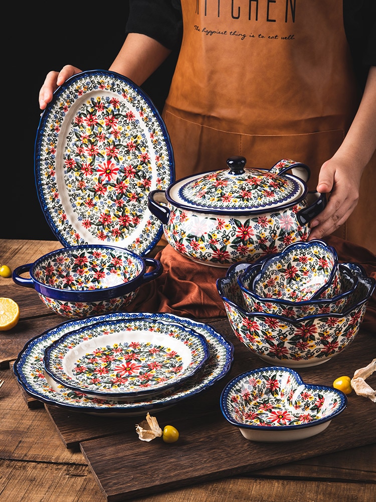 Vajilla de cerámica de Polonia para ensalada, juego de platos de tazón para platillo, plato de pescado de 13 pulgadas, tazón de fideos Binaural, olla de sopa de 2L