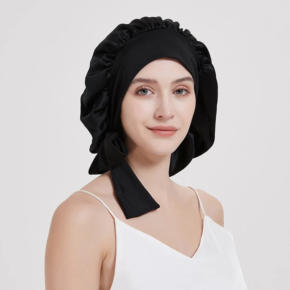 Schlafhaube aus 100er echter Seide für Frauen, große Schlafmütze mit breitem elastischem Bindeband für lockige Haarpflege mit Dreadlock-Zopf