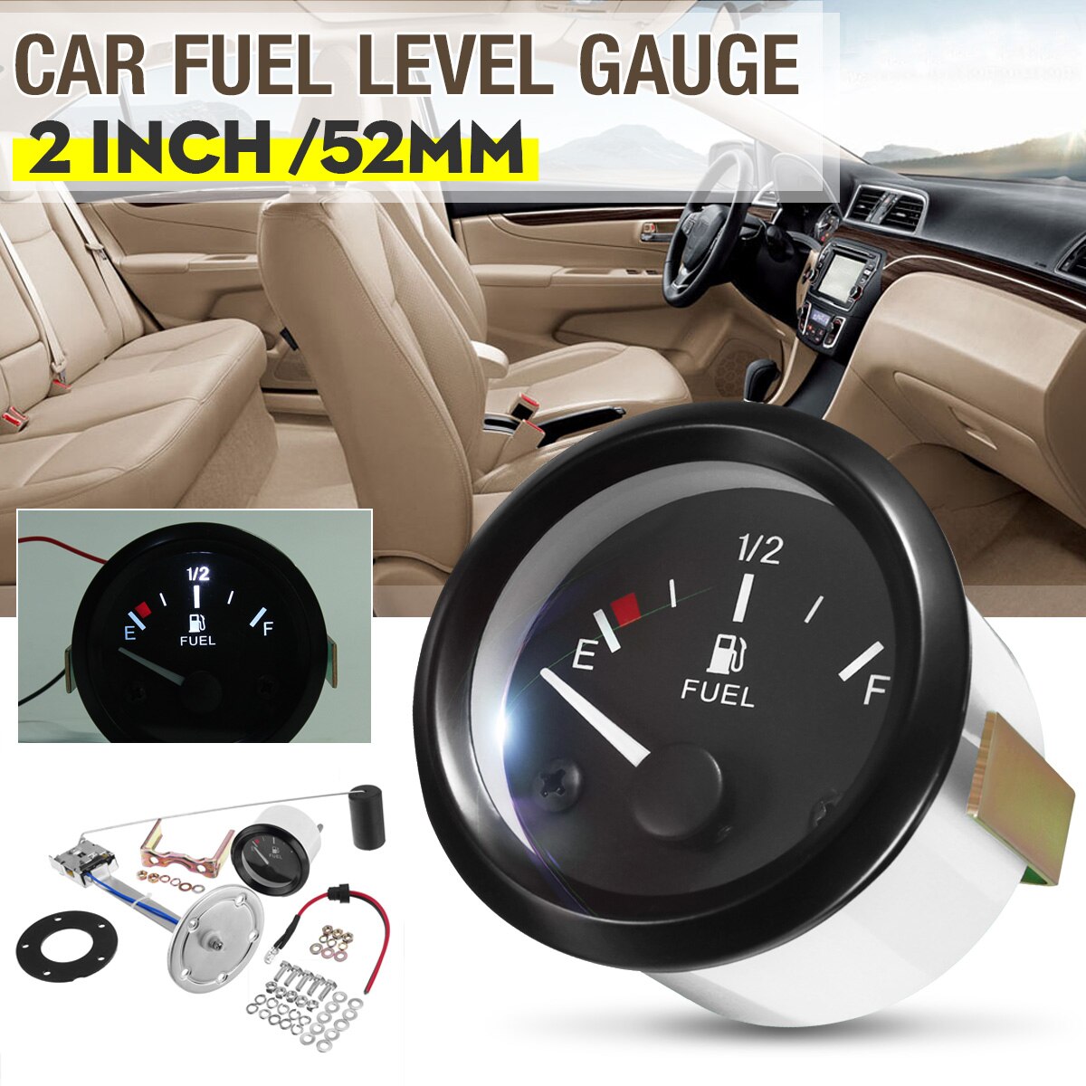 Universal 52mm 2" Car Fuel Level Gauge Meter With Fuel Sensor 12V Automotive Gauges White LED Light Black Rim